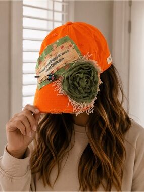 New KBETHOS Orange Cap with Green Fabric Flower Designed by BlueberryKate